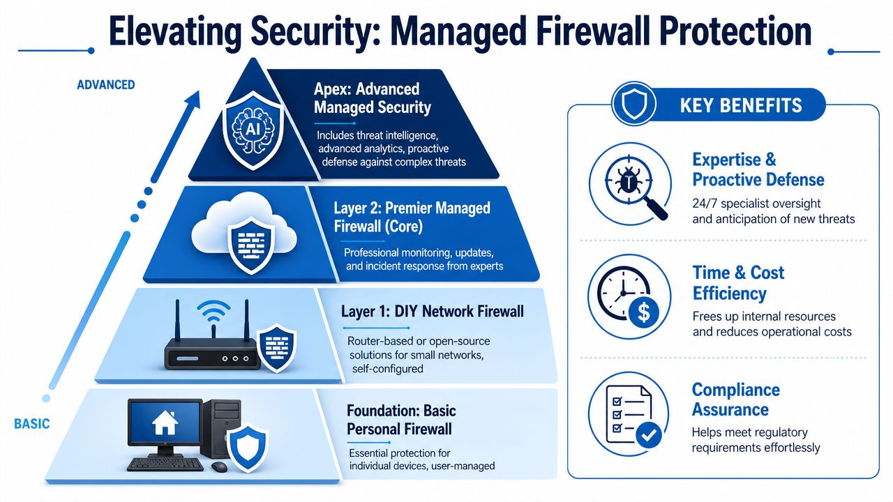 A hierarchical pyramid diagram illustrating four levels of managed firewall protection from basic to advanced security.
