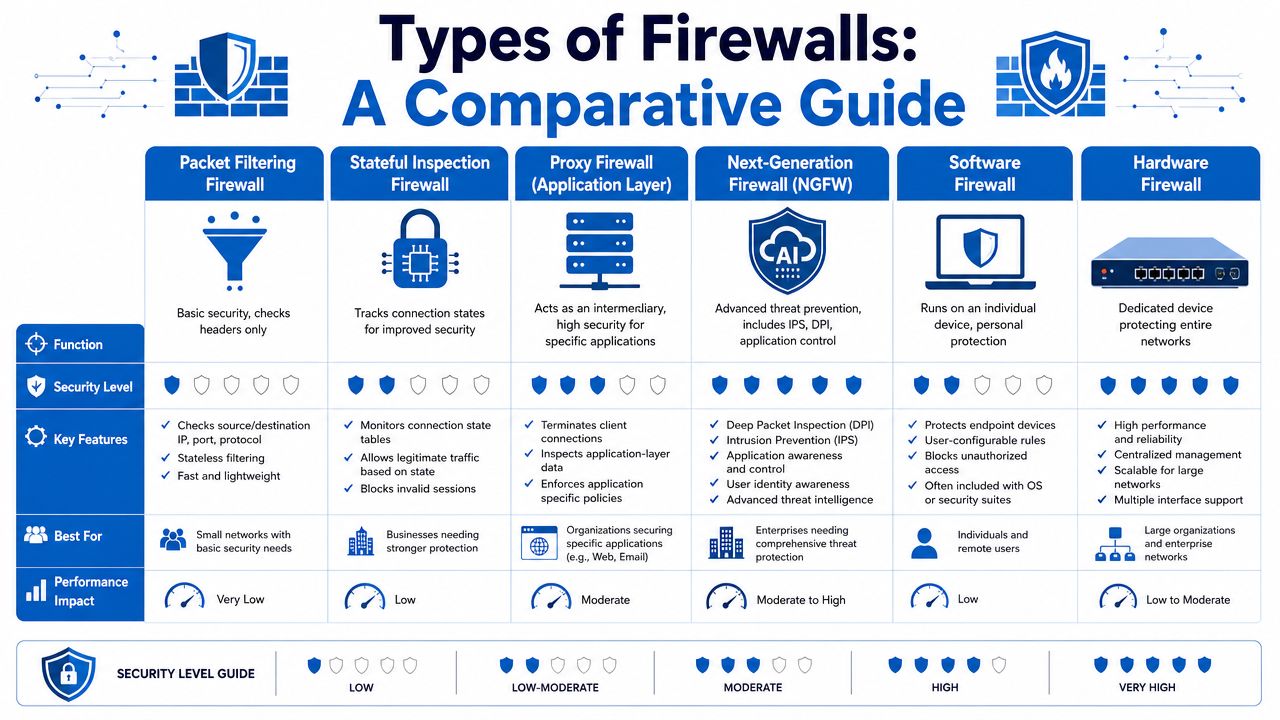A comparative guide infographic detailing different types of firewalls including their functions, security levels, and key features.