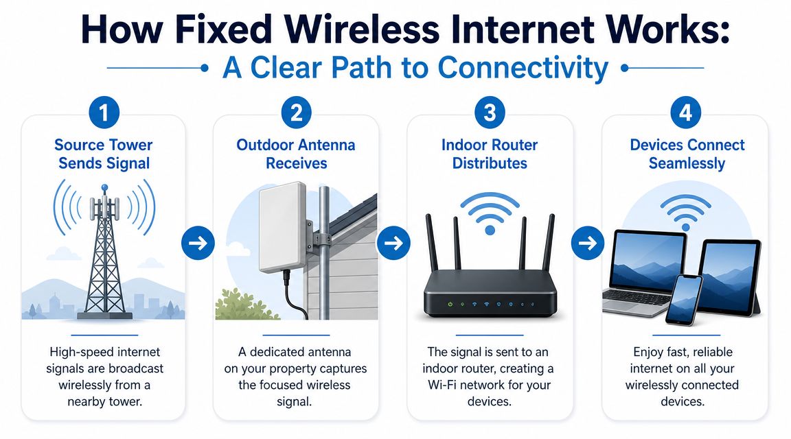 A diagram explaining how fixed wireless internet works through a four-step connectivity process from tower to devices.