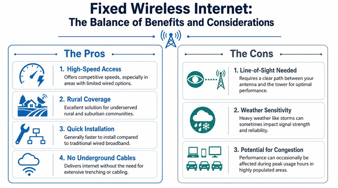 An infographic comparing the pros and cons of fixed wireless internet technology for residential use.