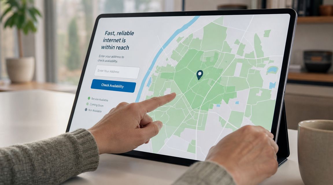 A person pointing to a city map on a tablet to check for internet service availability.