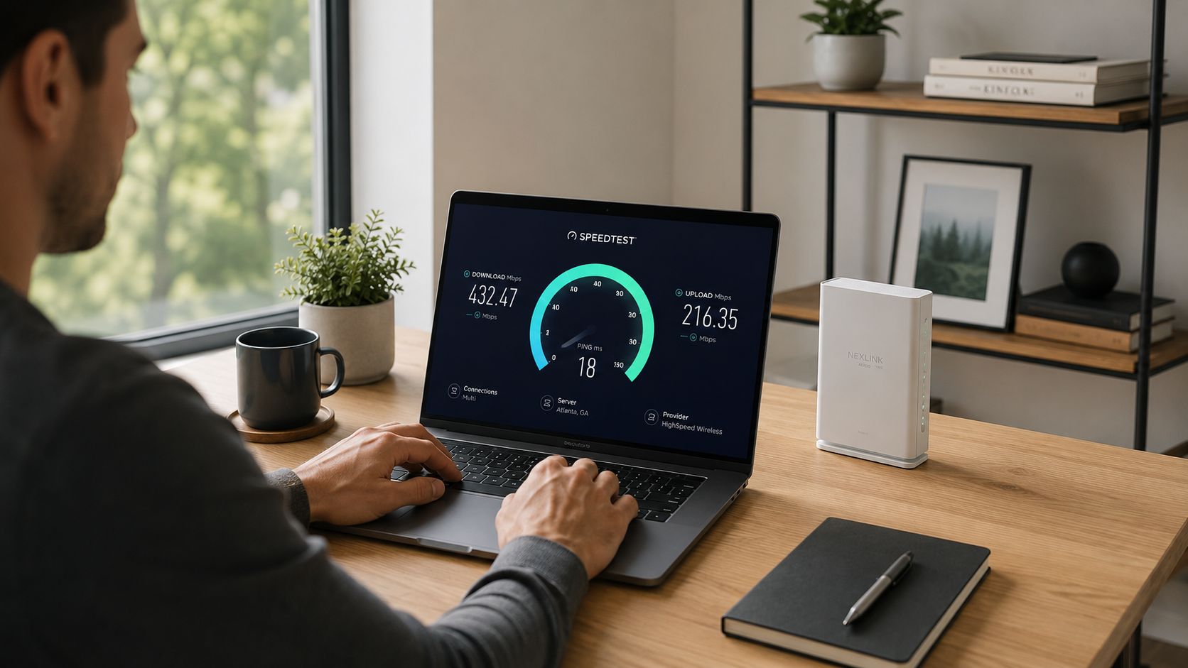 A person working on a laptop displaying high-speed internet results next to a home wireless router.