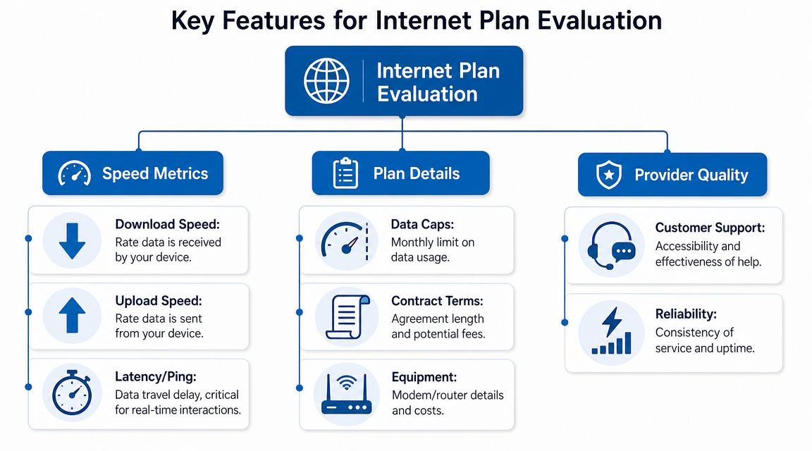 An infographic outlining key features to consider when evaluating various internet service provider plans and metrics.