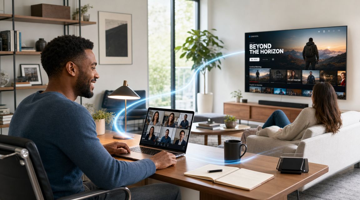 A man in a home office video conferencing while a woman watches streaming content on a television.