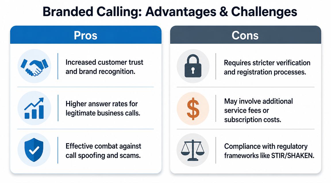 A comparison chart outlining the pros and cons of using branded calling for businesses.