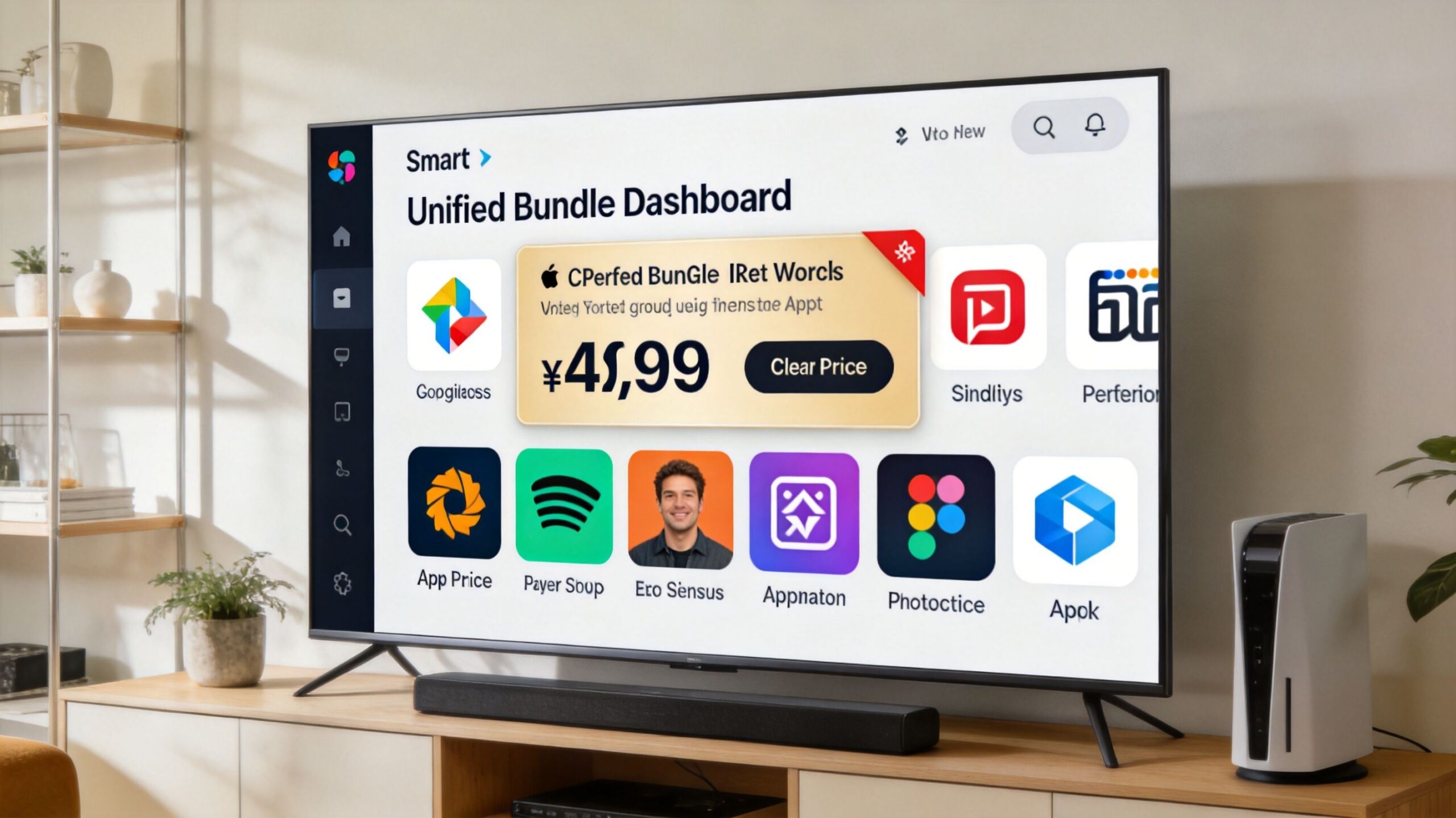 A modern television displaying a smart TV interface with various streaming service application icons and pricing.