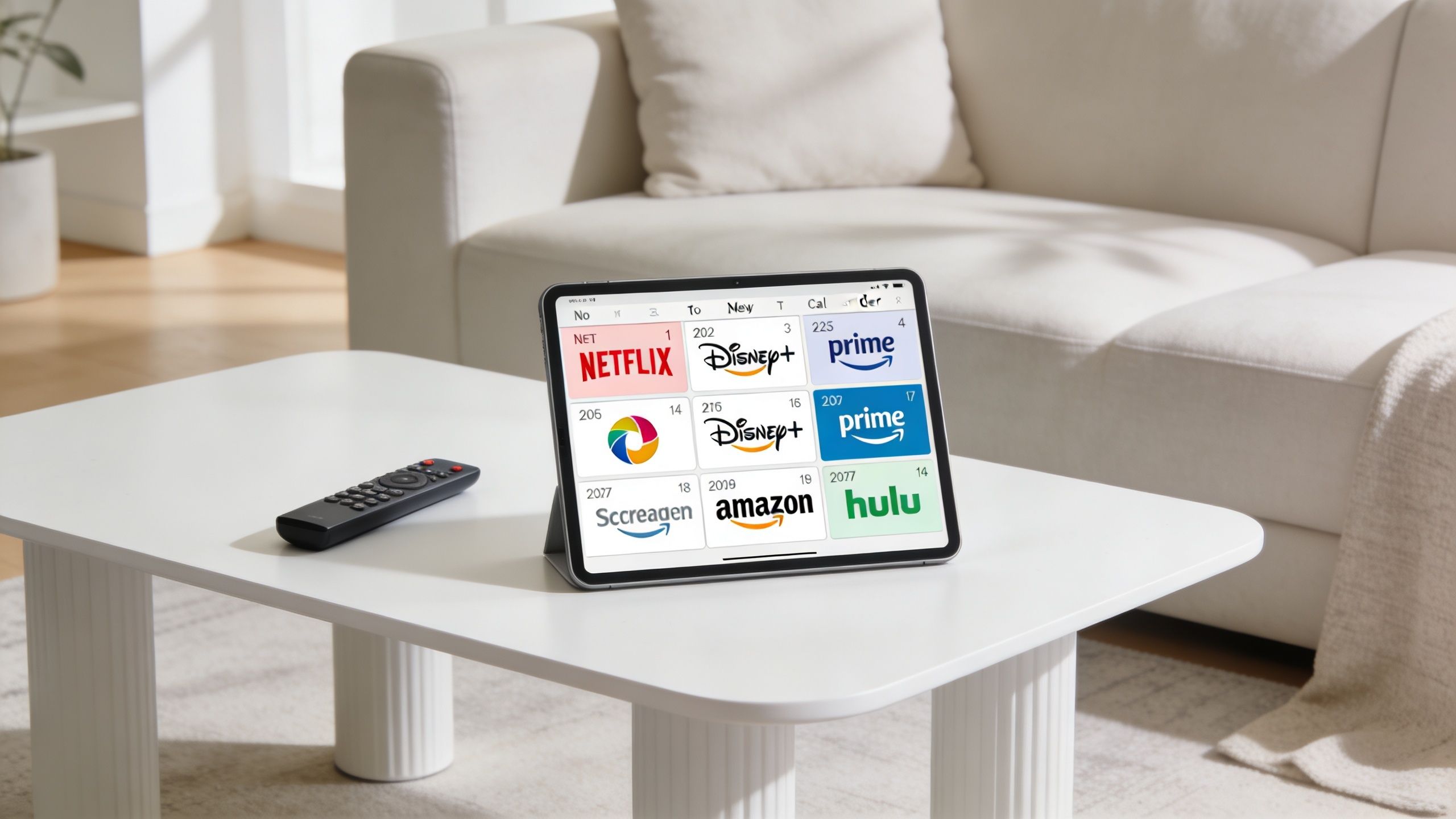 A digital tablet displaying various streaming service app logos on a modern living room coffee table.