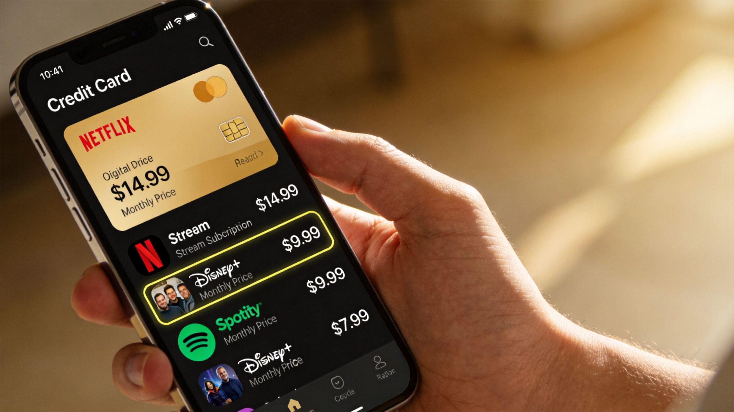 A person holding a smartphone displaying various streaming service monthly subscription prices in a financial app.