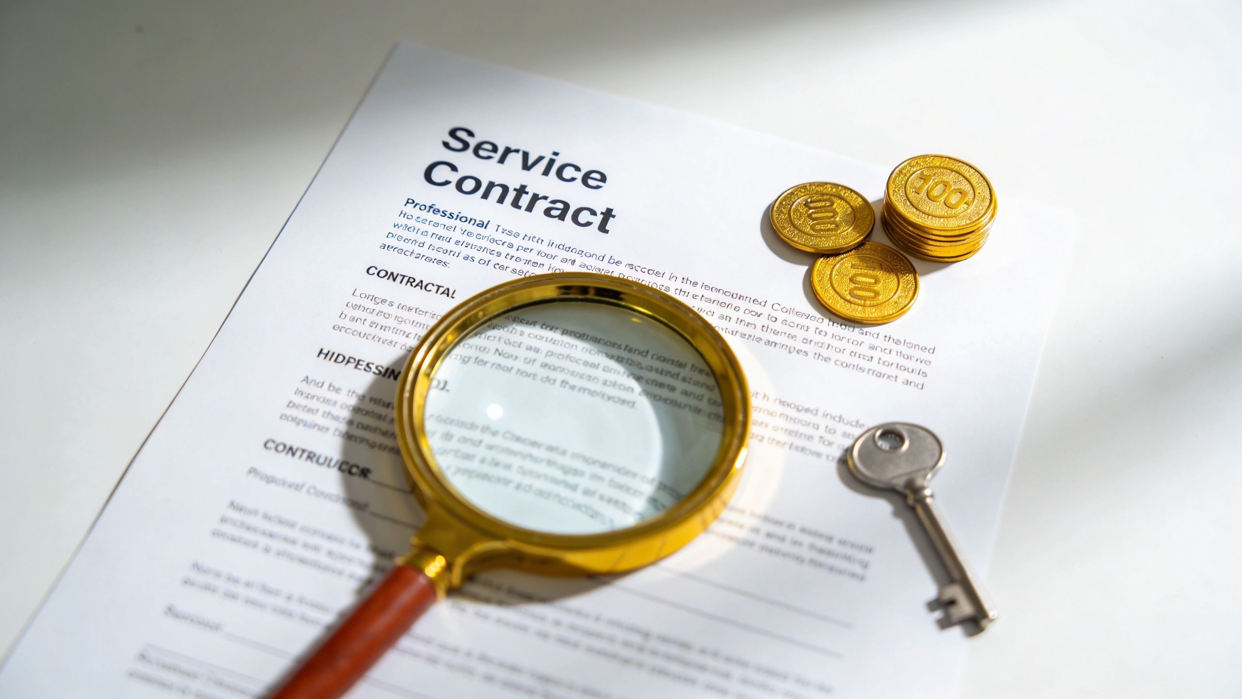 A magnifying glass, gold coins, and a silver key resting on a business service contract document.