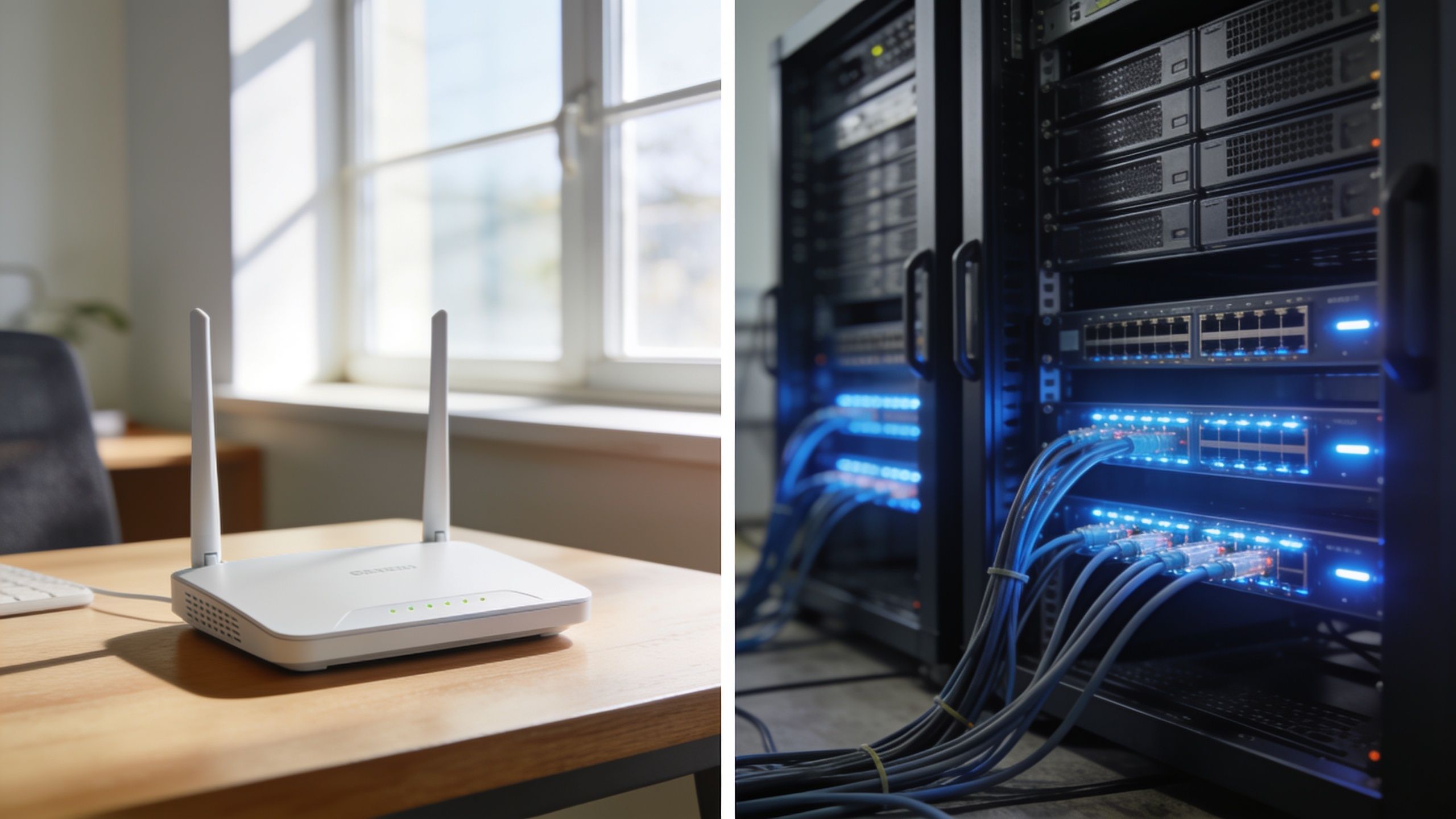 A dual-image comparison showing a small office router alongside a large enterprise network server rack.