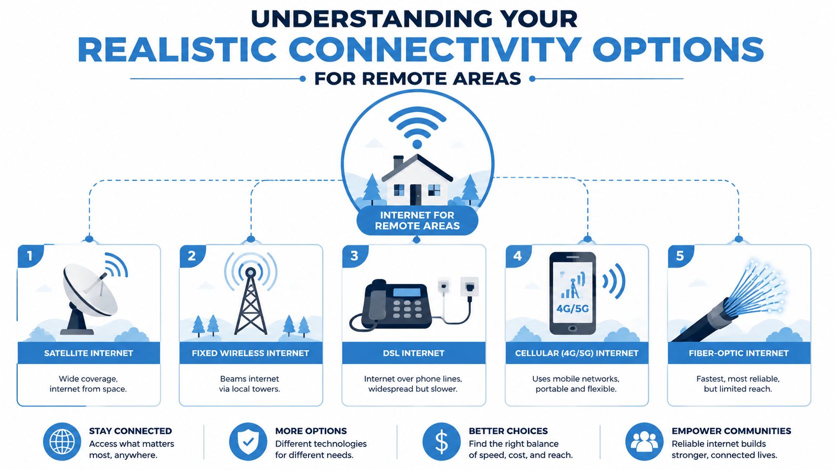 An infographic showing five different internet connectivity options available for people living in remote areas.
