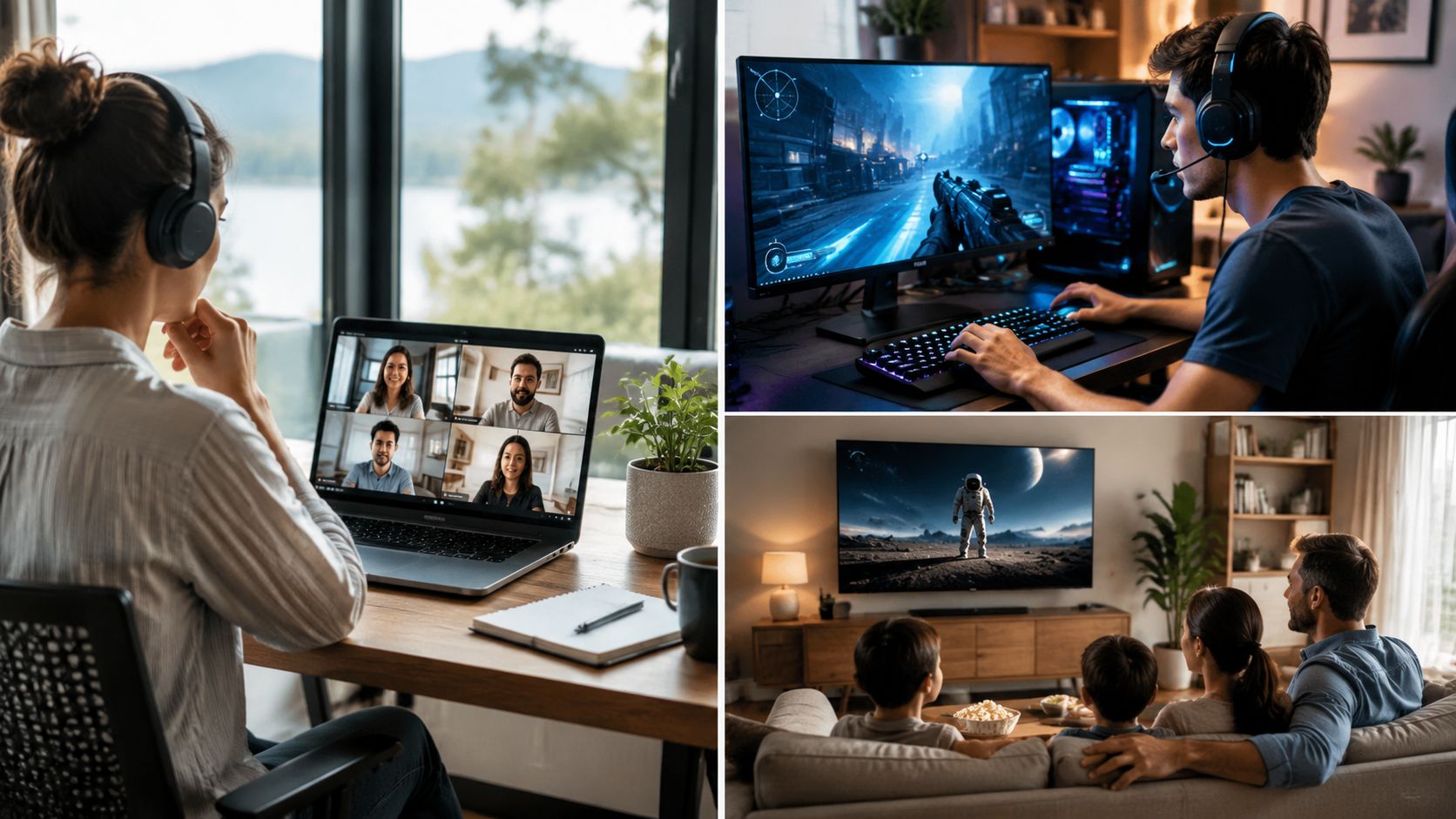 A composite image showing people using technology for work, gaming, and watching movies at home.