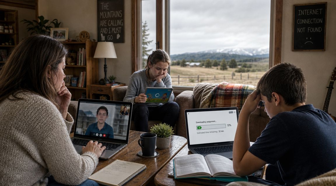 A family struggles with slow internet connectivity while working and studying in a rural home office.