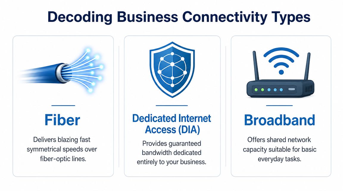 An infographic titled Decoding Business Connectivity Types showcasing fiber, dedicated internet access, and broadband connection options.