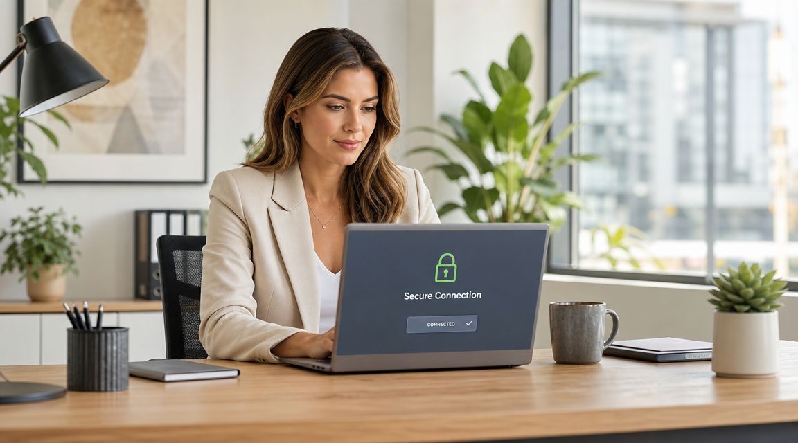 A professional woman working on a laptop at a bright office desk with a secure connection message.