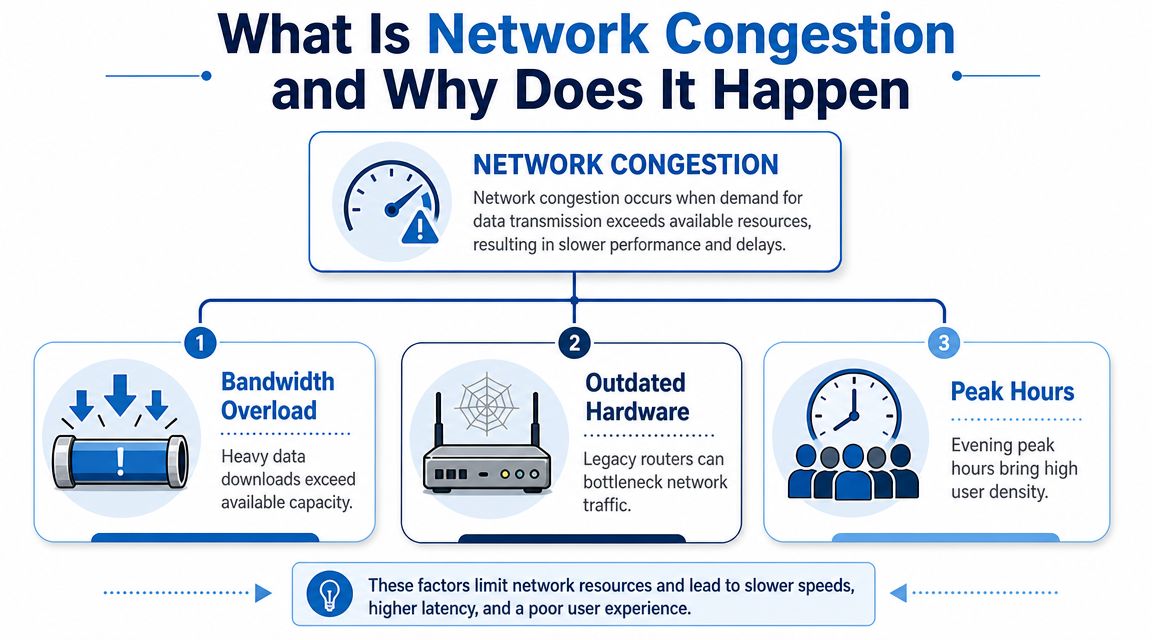An infographic explaining network congestion, its causes including bandwidth overload, outdated hardware, and peak usage hours.