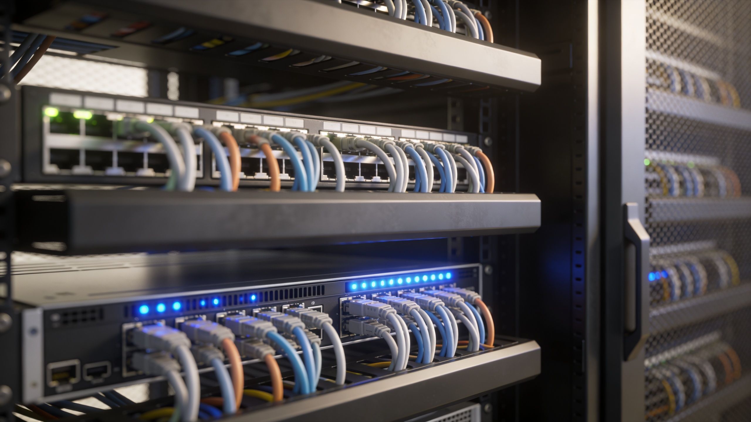 A close-up view of a network server rack filled with interconnected Ethernet cables and blinking hardware lights.