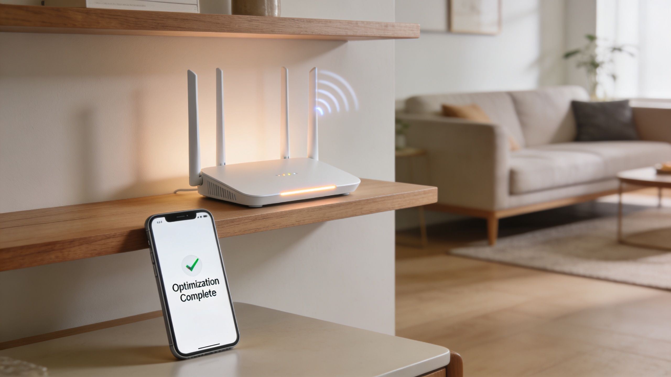 A modern white wireless router sits on a wooden shelf next to a smartphone displaying optimization complete.