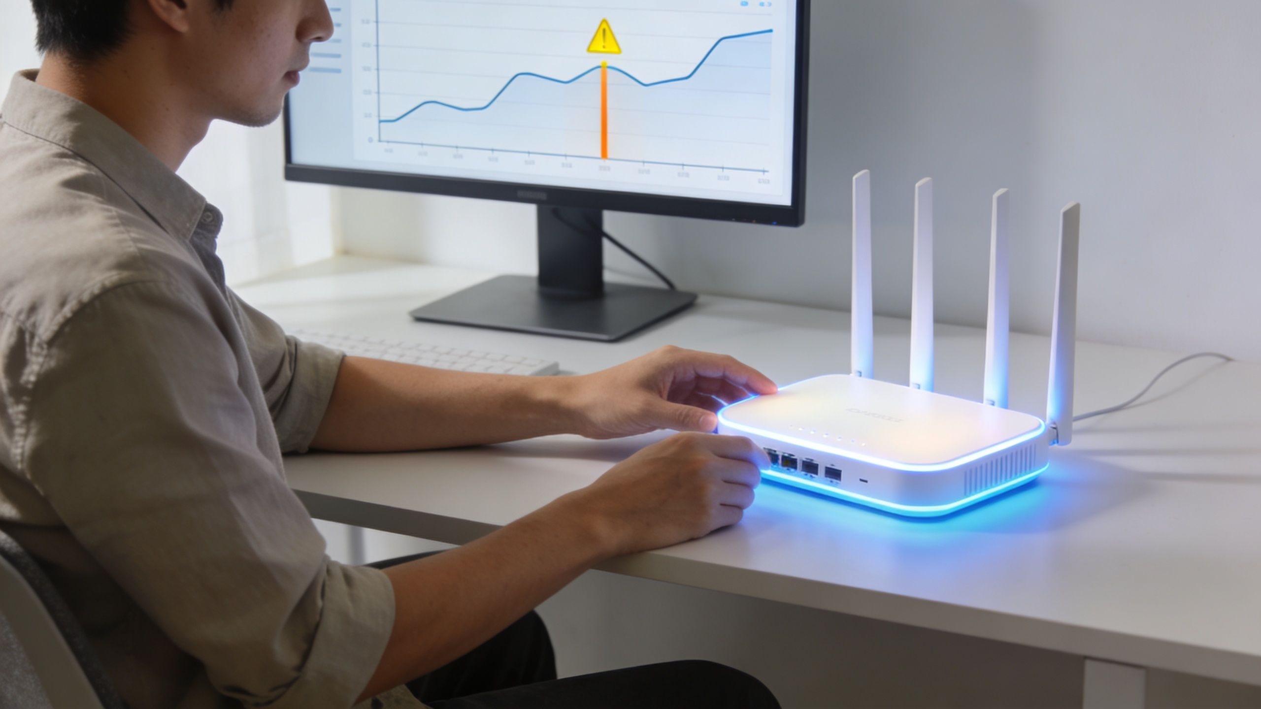 A person adjusting a white glowing Wi-Fi router on their desk next to a computer monitor.