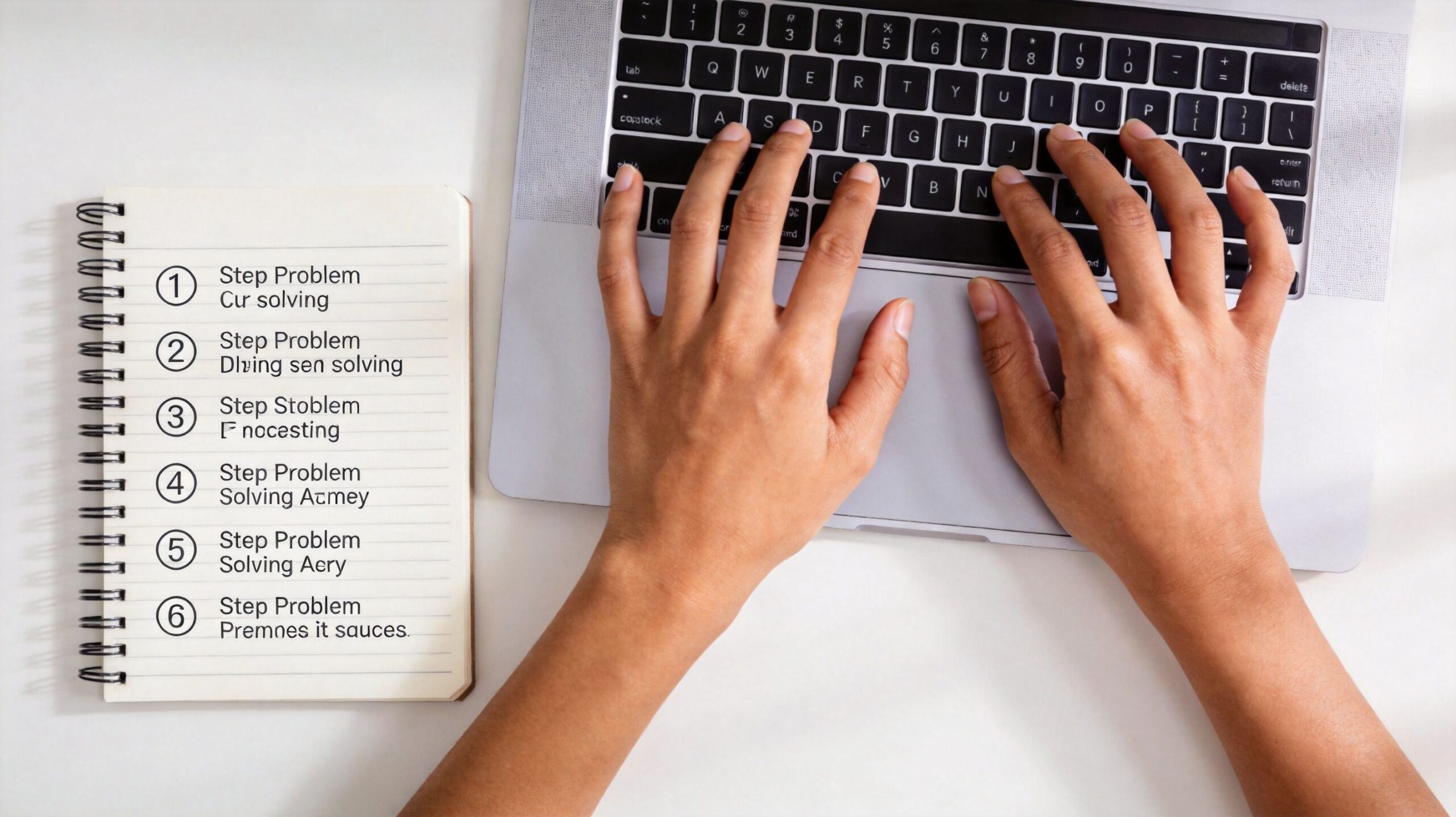 A person types on a silver laptop next to a notebook displaying a numbered six-step problem-solving list.