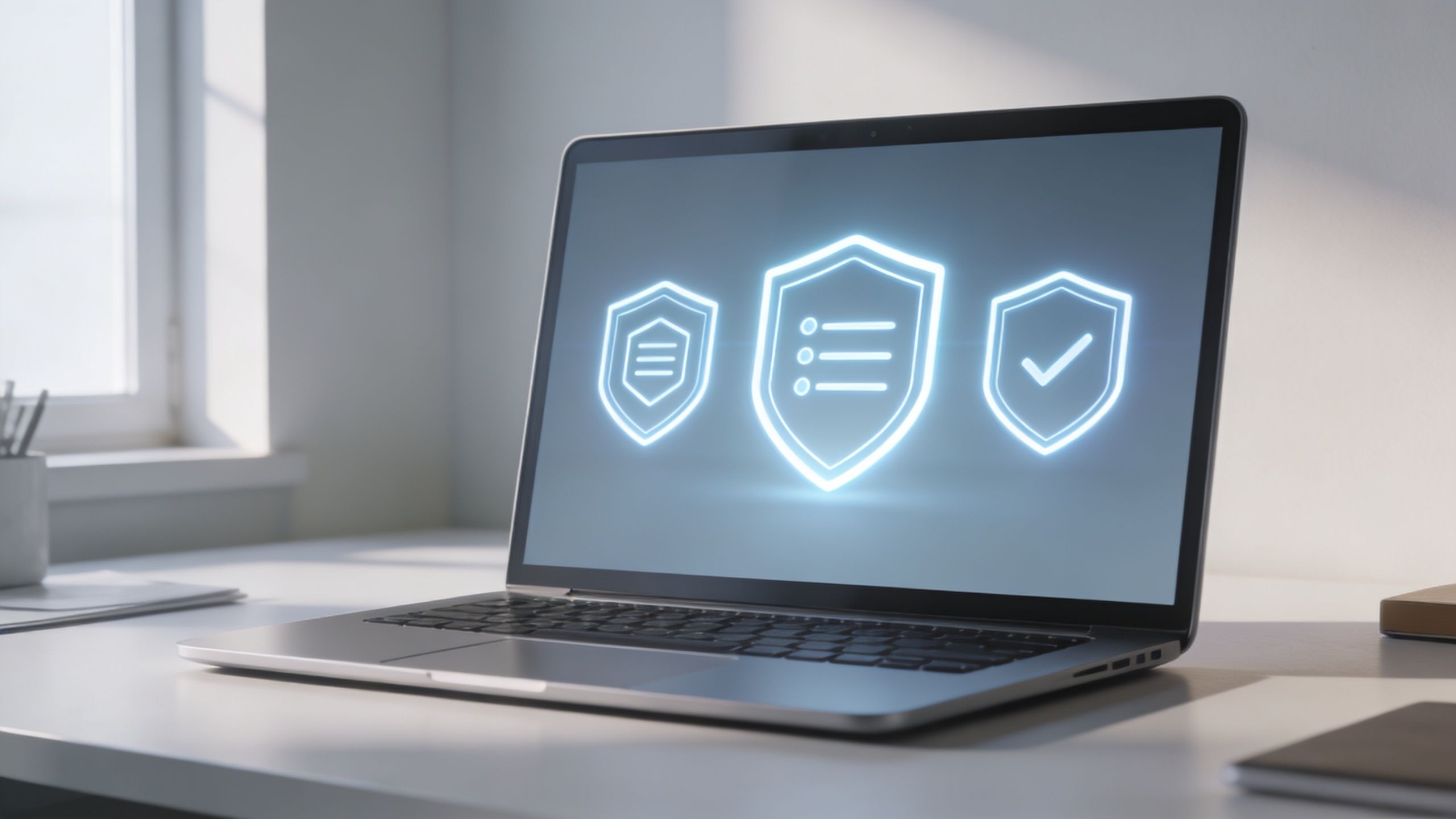 A modern laptop on a desk displaying three glowing shield icons representing network security and protection.