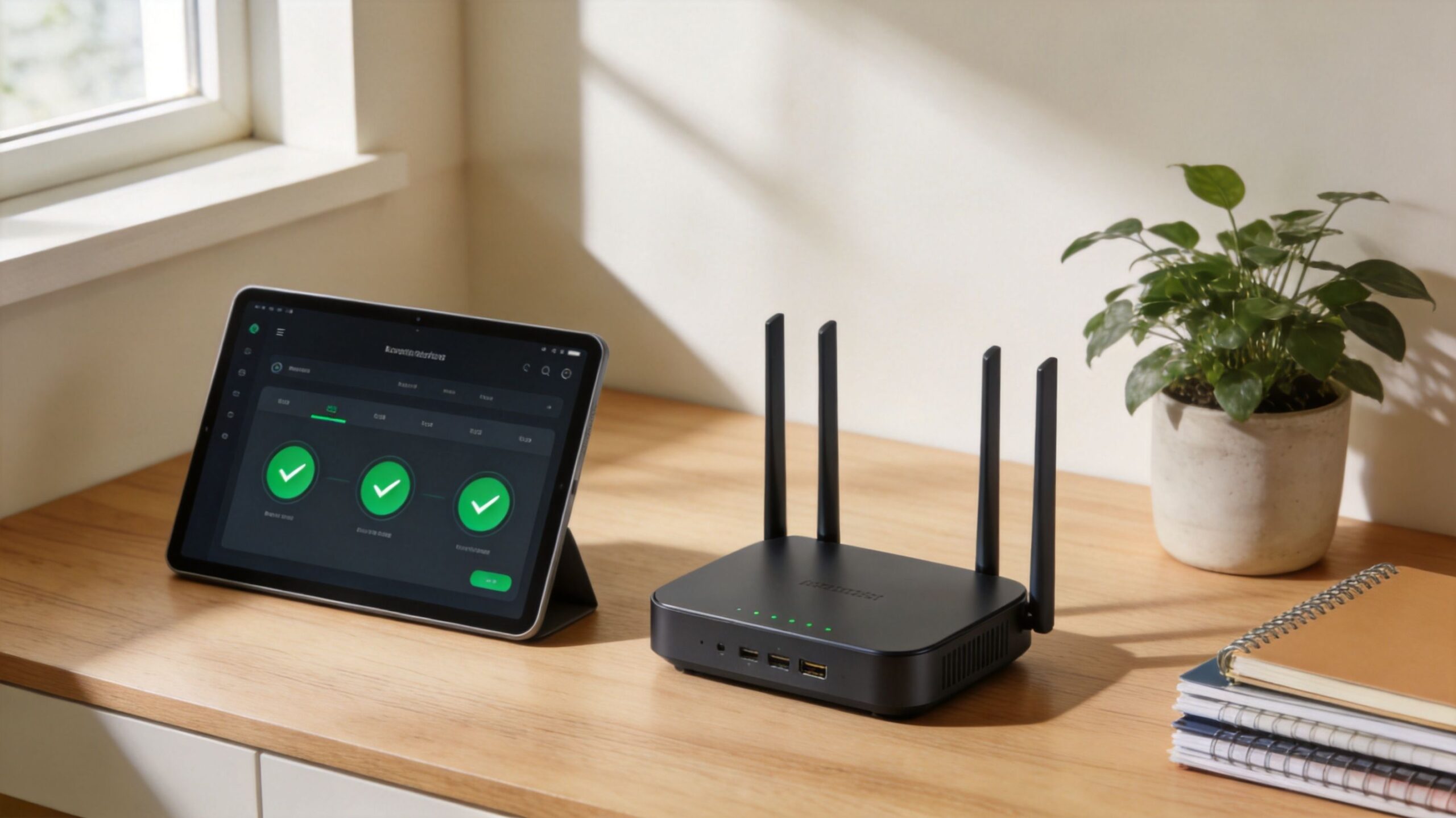 A tablet displaying network management software next to a black wireless router on a wooden desk.