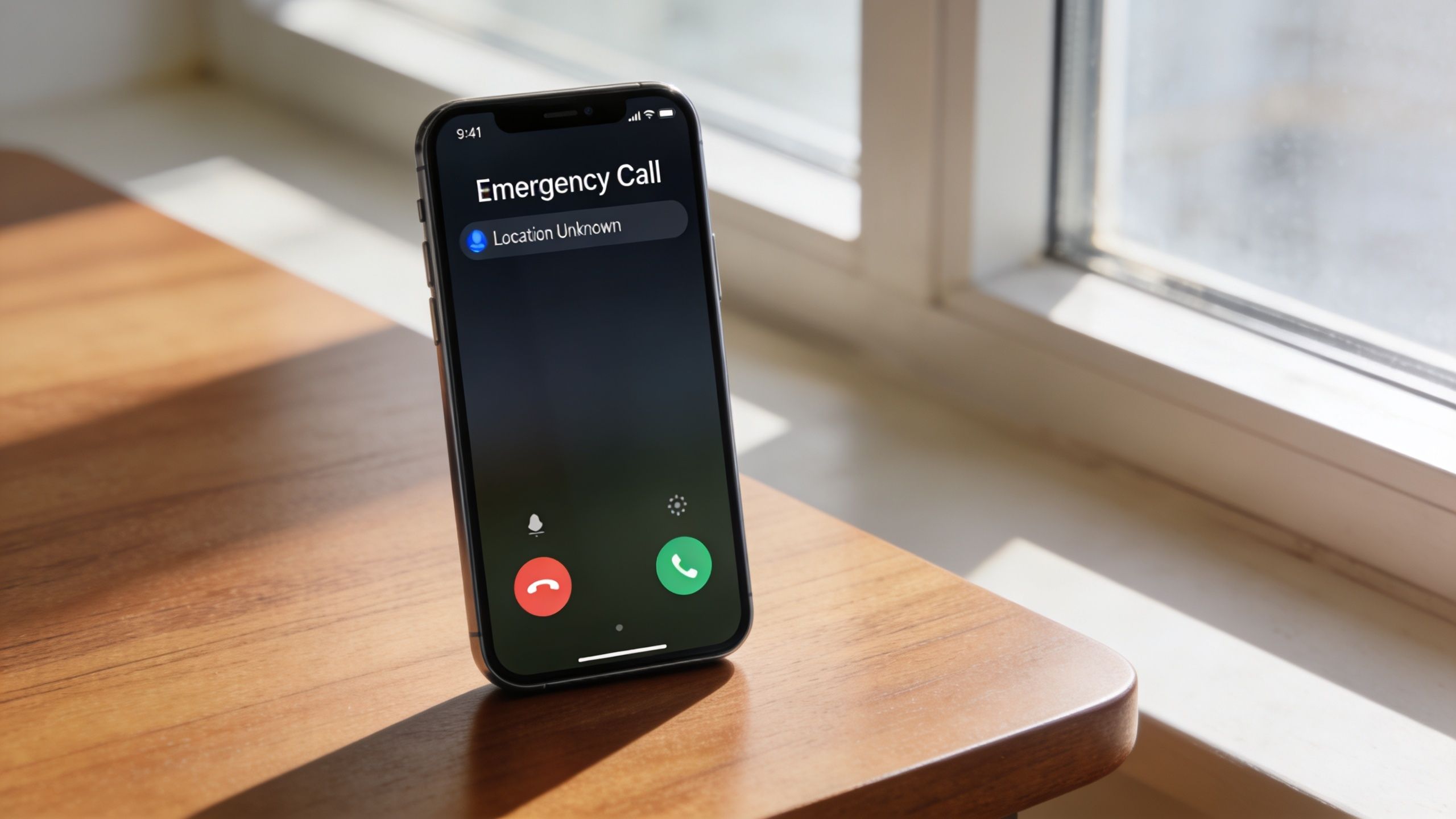 A modern smartphone placed on a wooden table displaying an Emergency Call screen with unknown location.