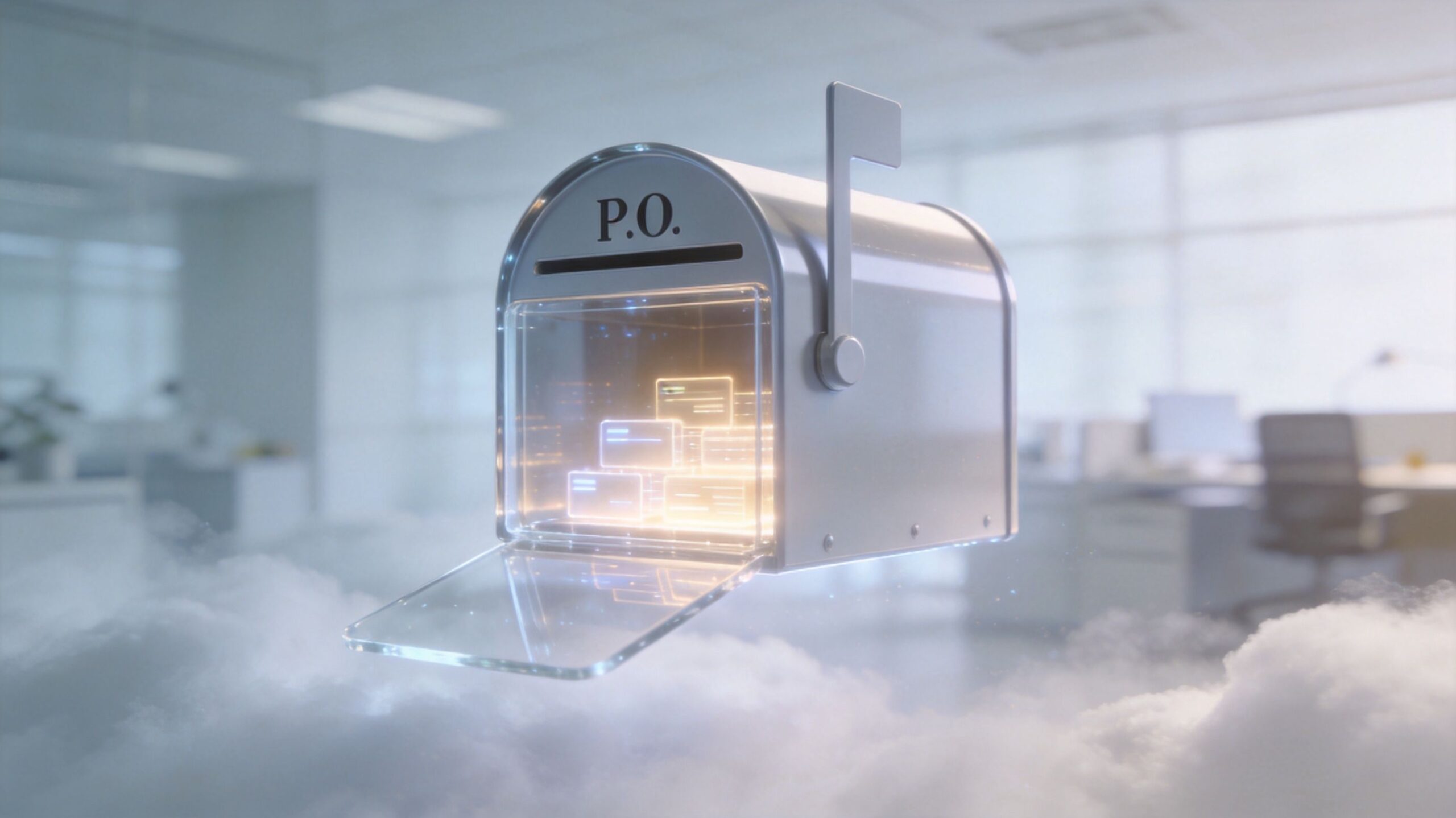 A digital mailbox floating in clouds containing glowing message icons symbolizing non-fixed VoIP communication services.