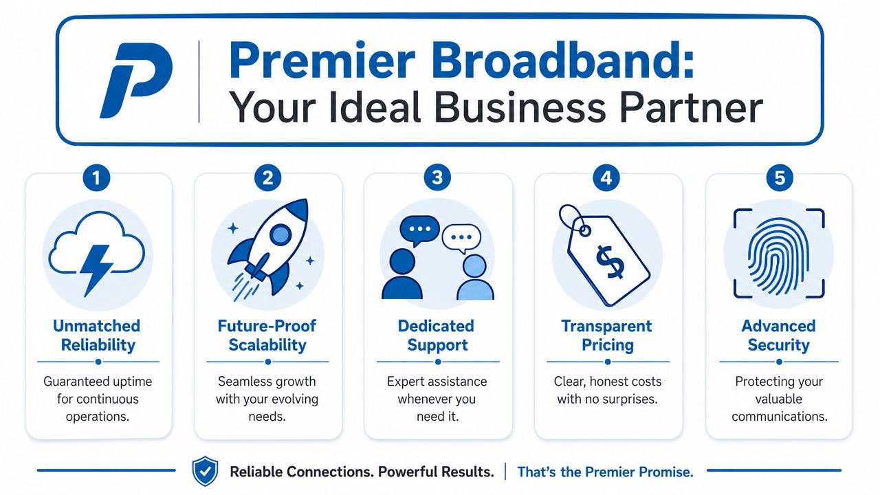 A business infographic titled Premier Broadband outlining five key service benefits for small business phone systems.
