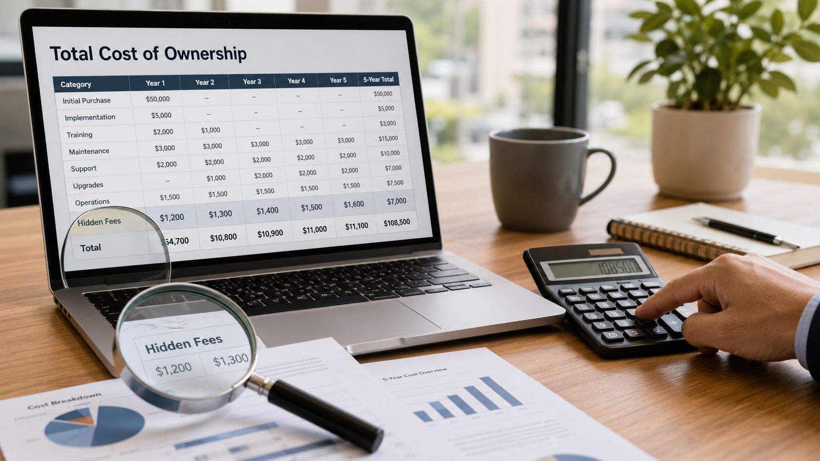A professional analyzing total cost of ownership financial data for small business phone systems on a laptop.