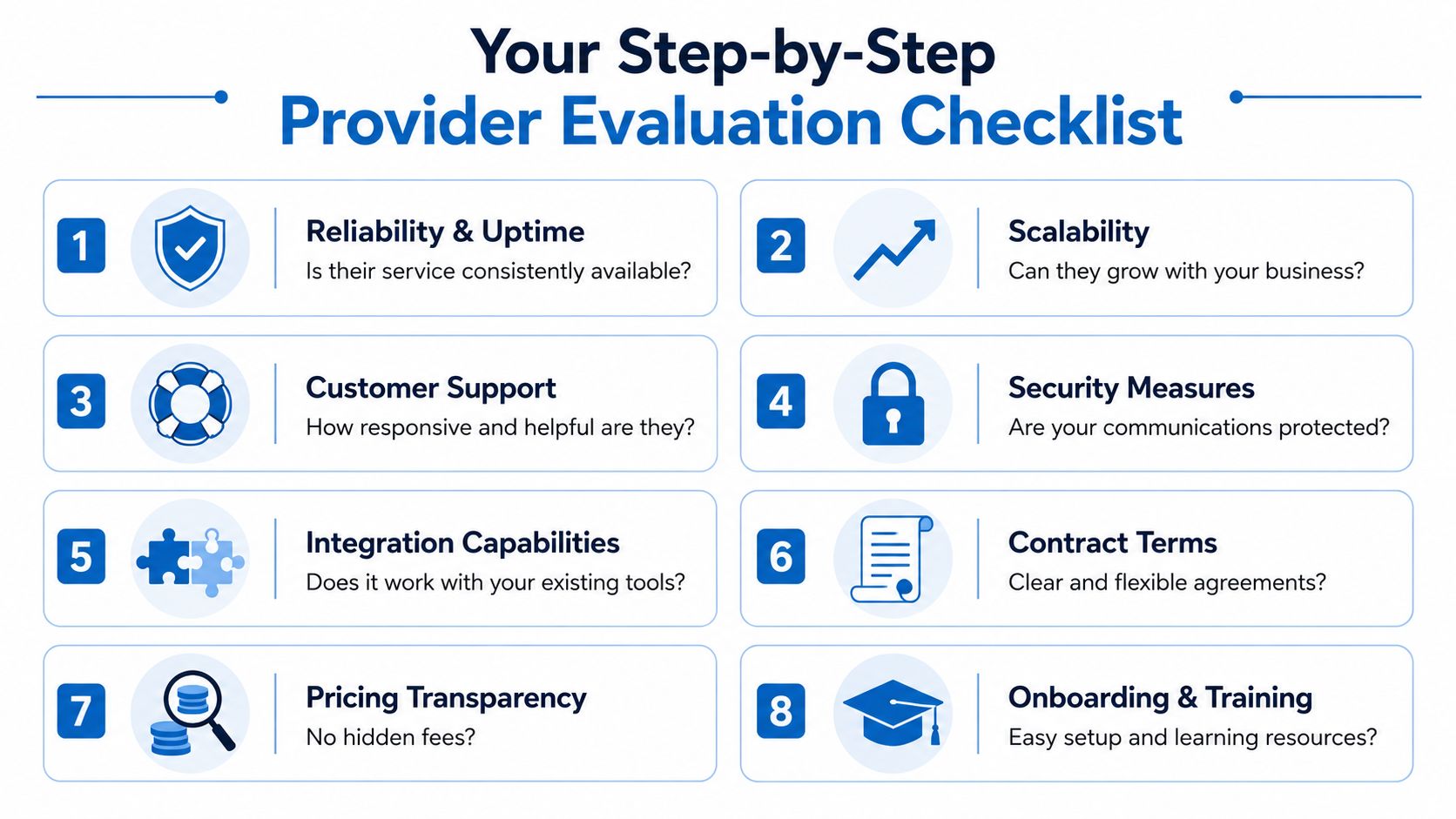 A step-by-step checklist infographic for evaluating business providers across eight key categories.