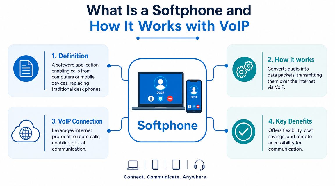An infographic explaining what a softphone is and how it functions using VoIP technology for business communications.