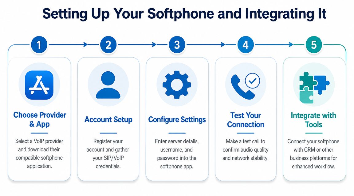A five-step infographic showing how to set up and integrate a professional softphone for VoIP calling.