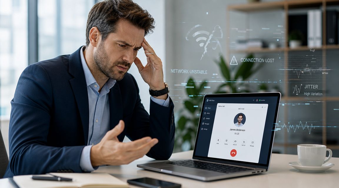 A frustrated businessman sits at a desk with a laptop displaying a disrupted VoIP call connection.