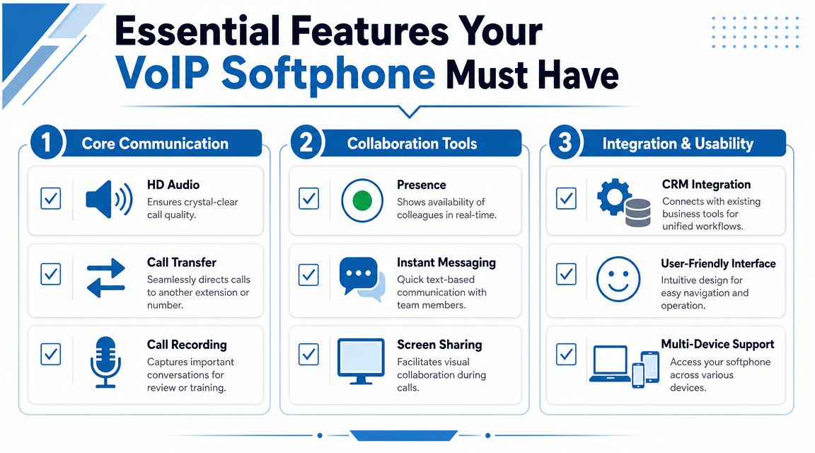 An infographic detailing essential features for VoIP softphone systems including communication, collaboration, and integration capabilities.