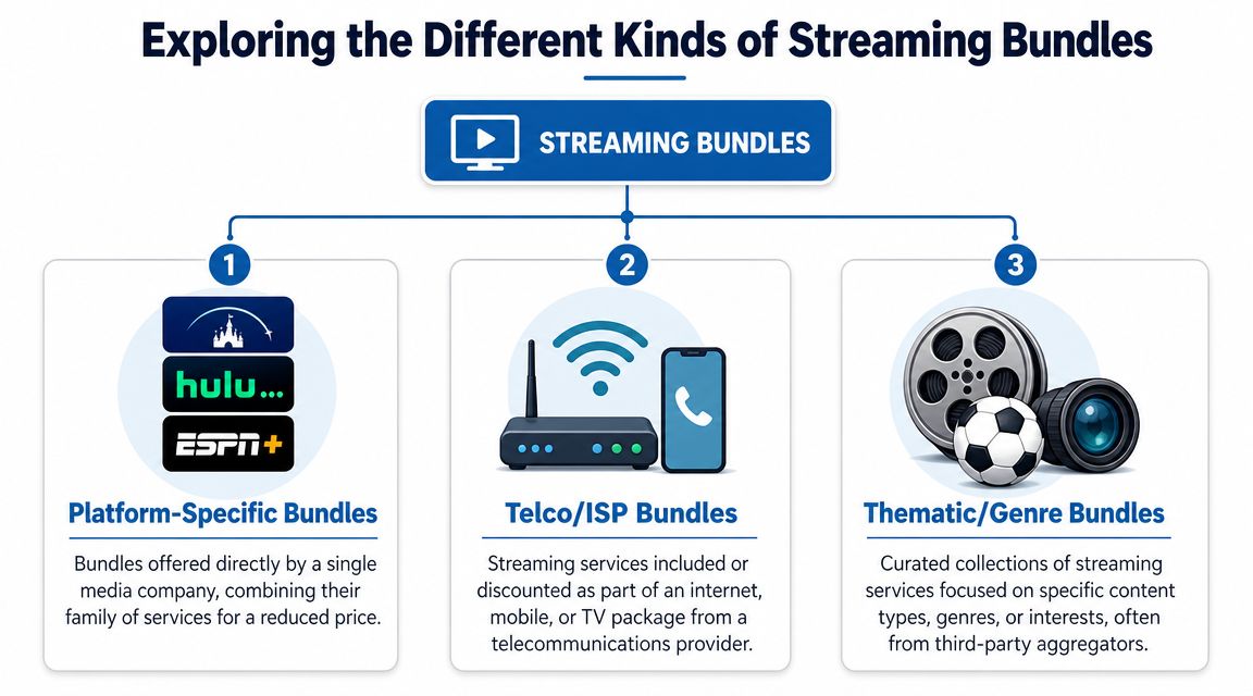 A diagram categorizing streaming service bundles into platform-specific, telco/ISP, and thematic/genre bundles with their descriptions.