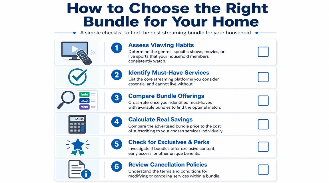A checklist for choosing the right streaming service bundle for your home, featuring six key steps.
