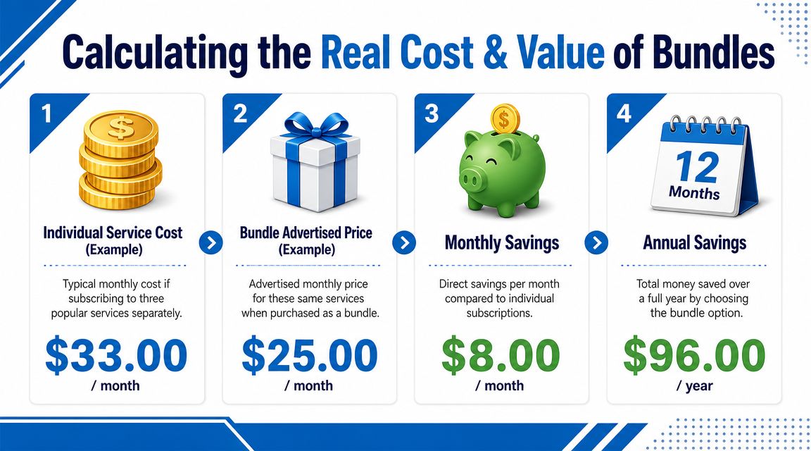 An infographic showing the step-by-step financial calculation of monthly and annual savings from streaming service bundles.