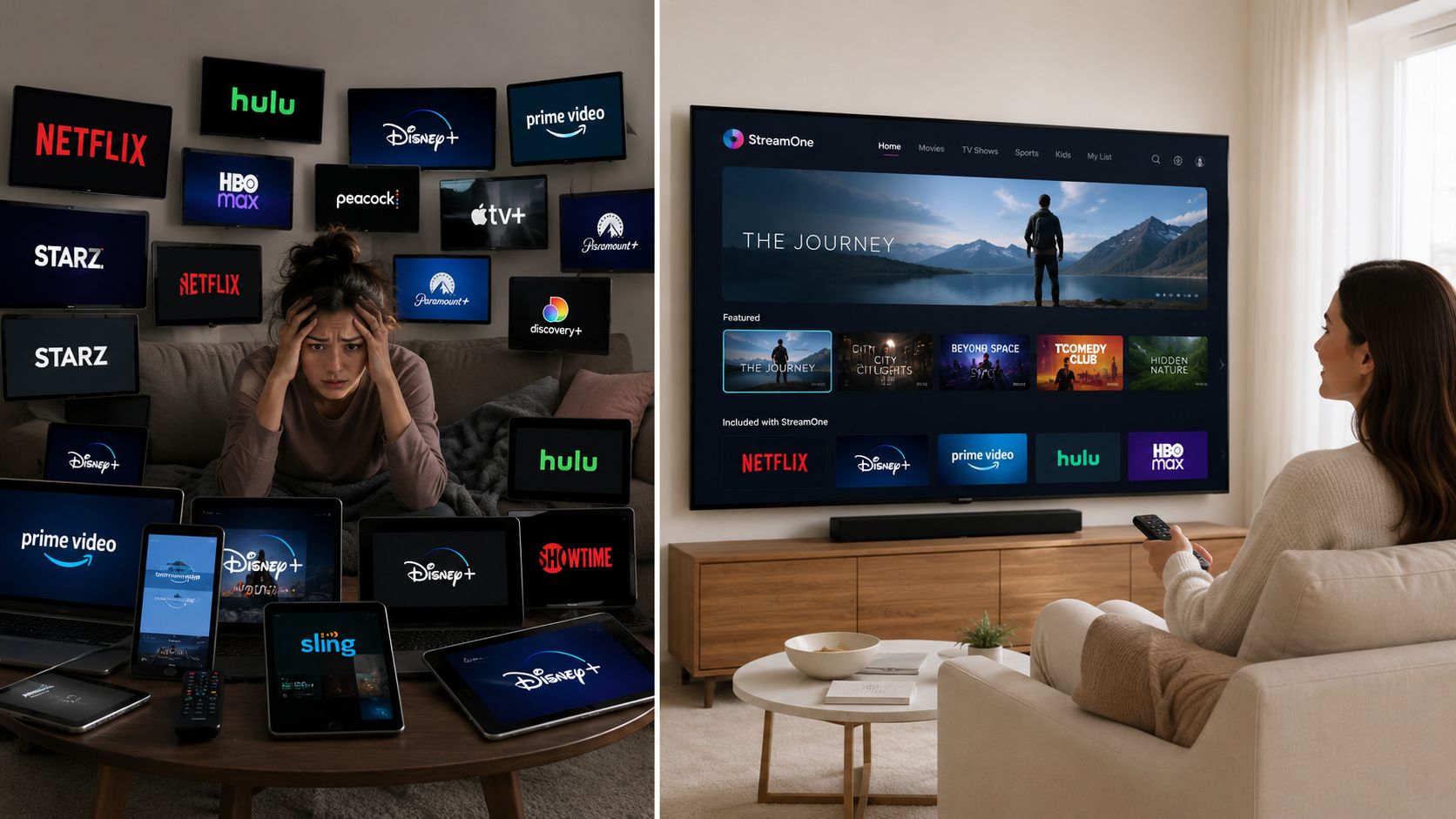 A split image showing a stressed person overwhelmed by many streaming services versus a person enjoying consolidated content.