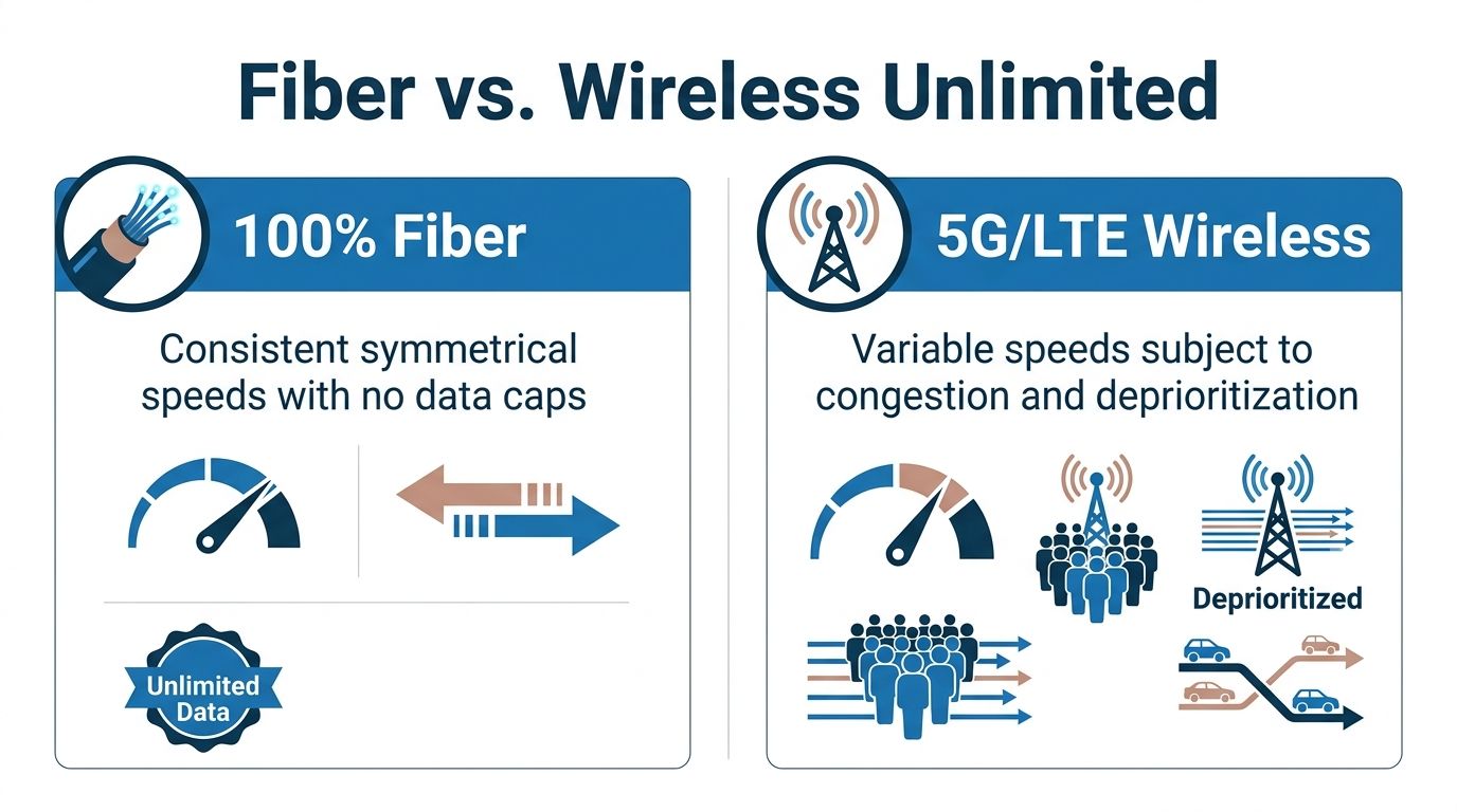 A comparison graphic between fiber optic internet and 5G LTE wireless unlimited data connection services.