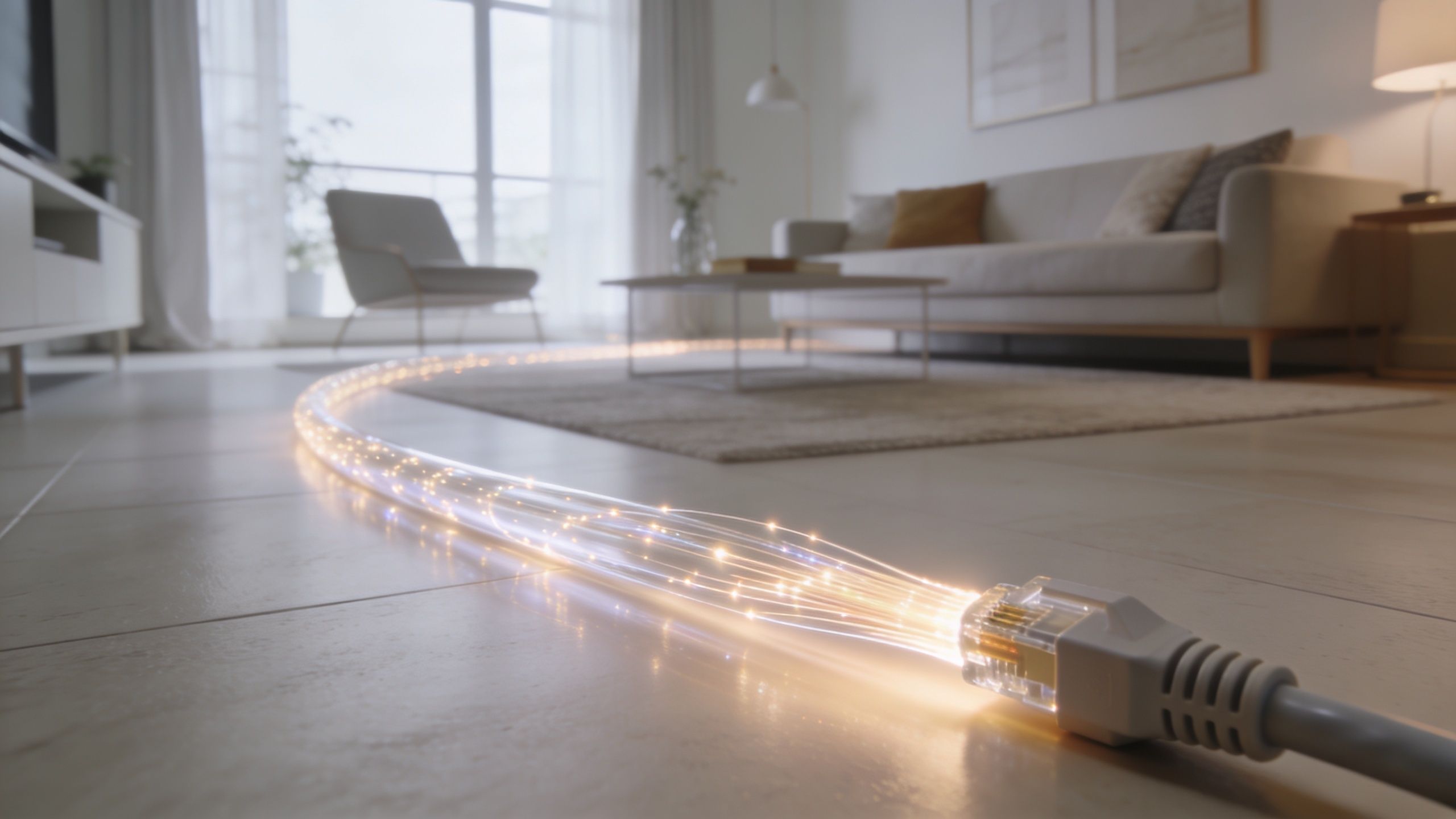 A fiber optic cable glowing on a floor in a modern living room representing unlimited data internet.