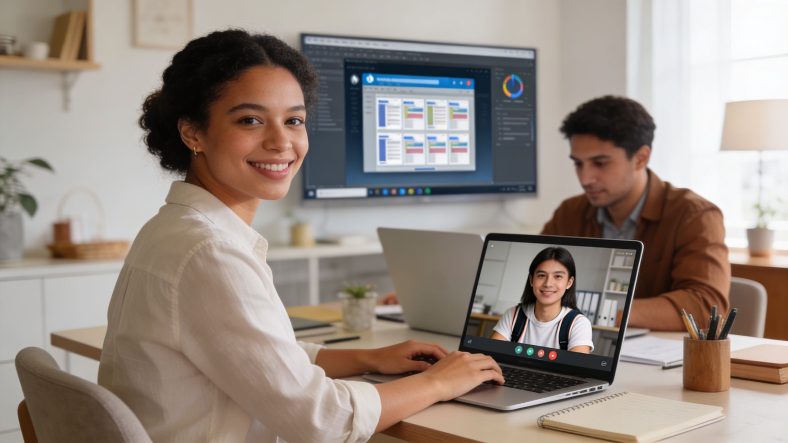 A woman smiling at her laptop while video conferencing with a student in a bright home office.