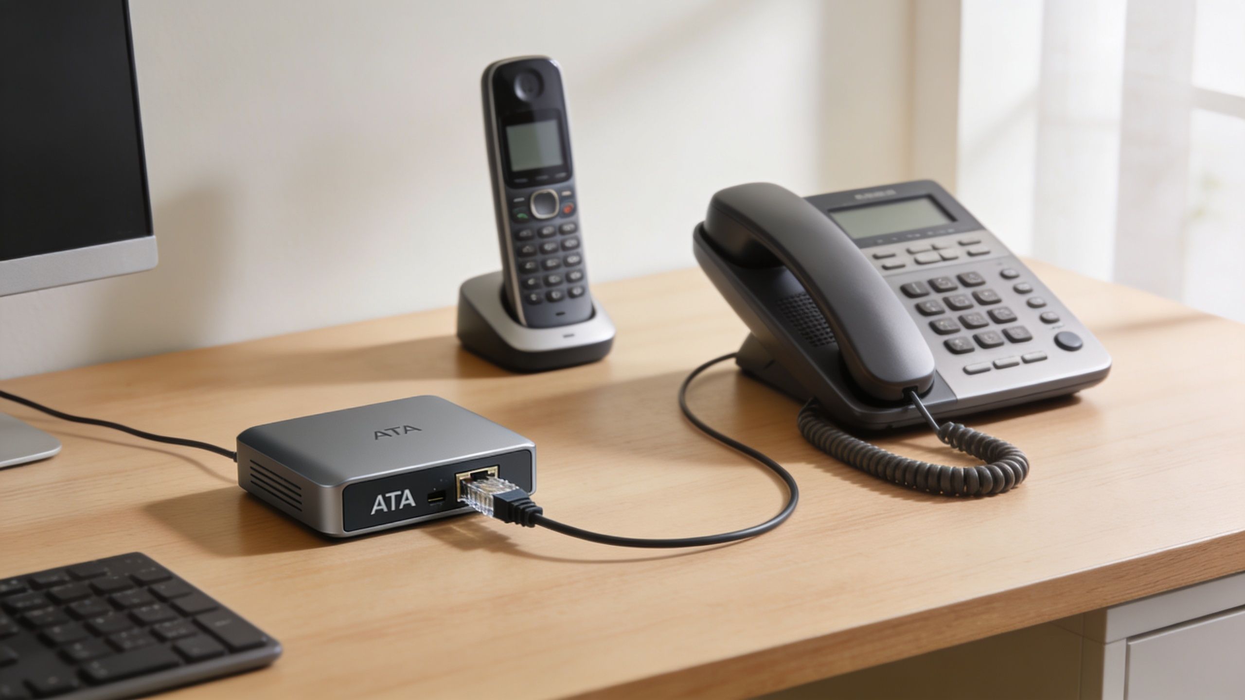 A gray analog telephone adapter connected to a landline phone on a clean wooden office desk surface.