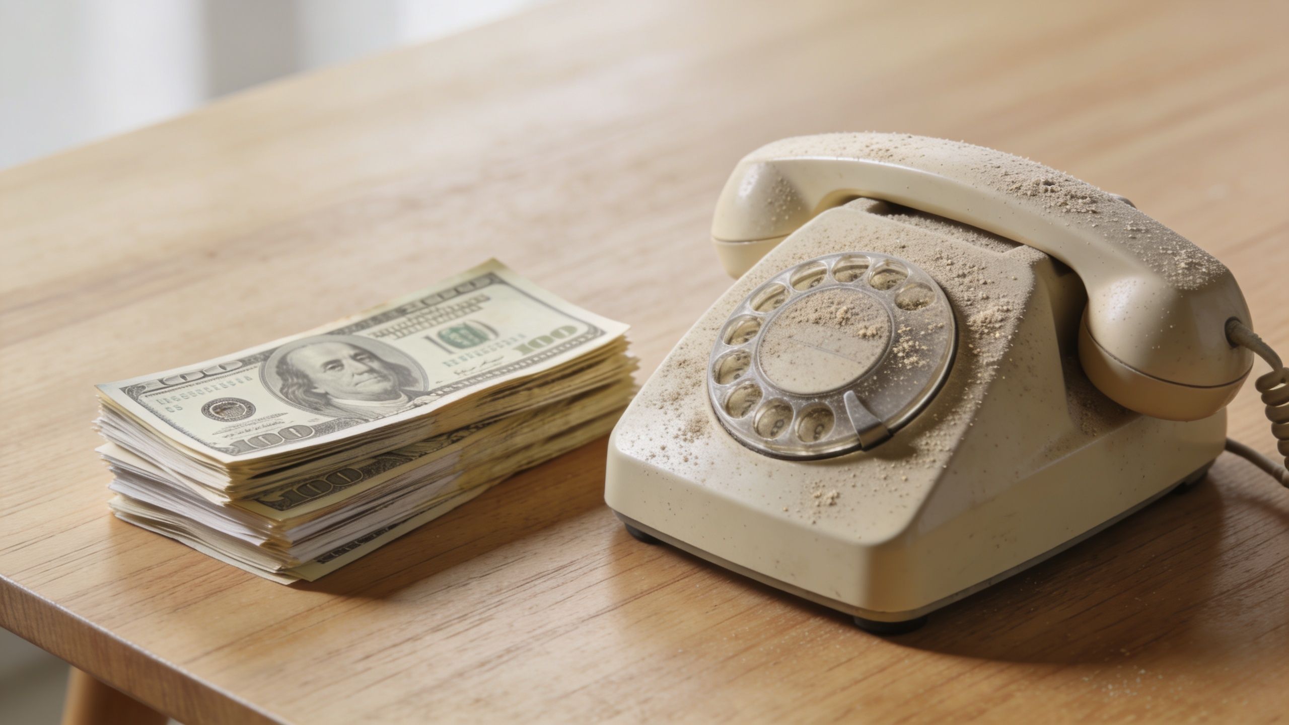 A stack of US hundred dollar bills sits next to an old dusty rotary phone on a wooden table.