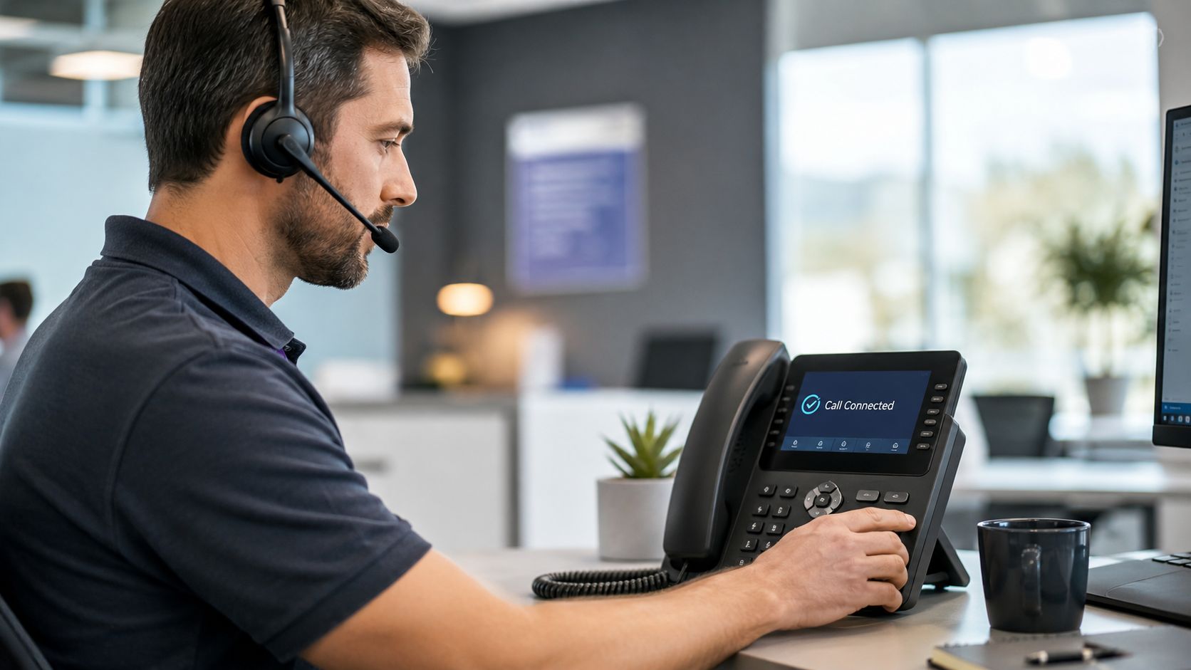 A professional customer service representative wearing a headset while using a VoIP office desk phone system.