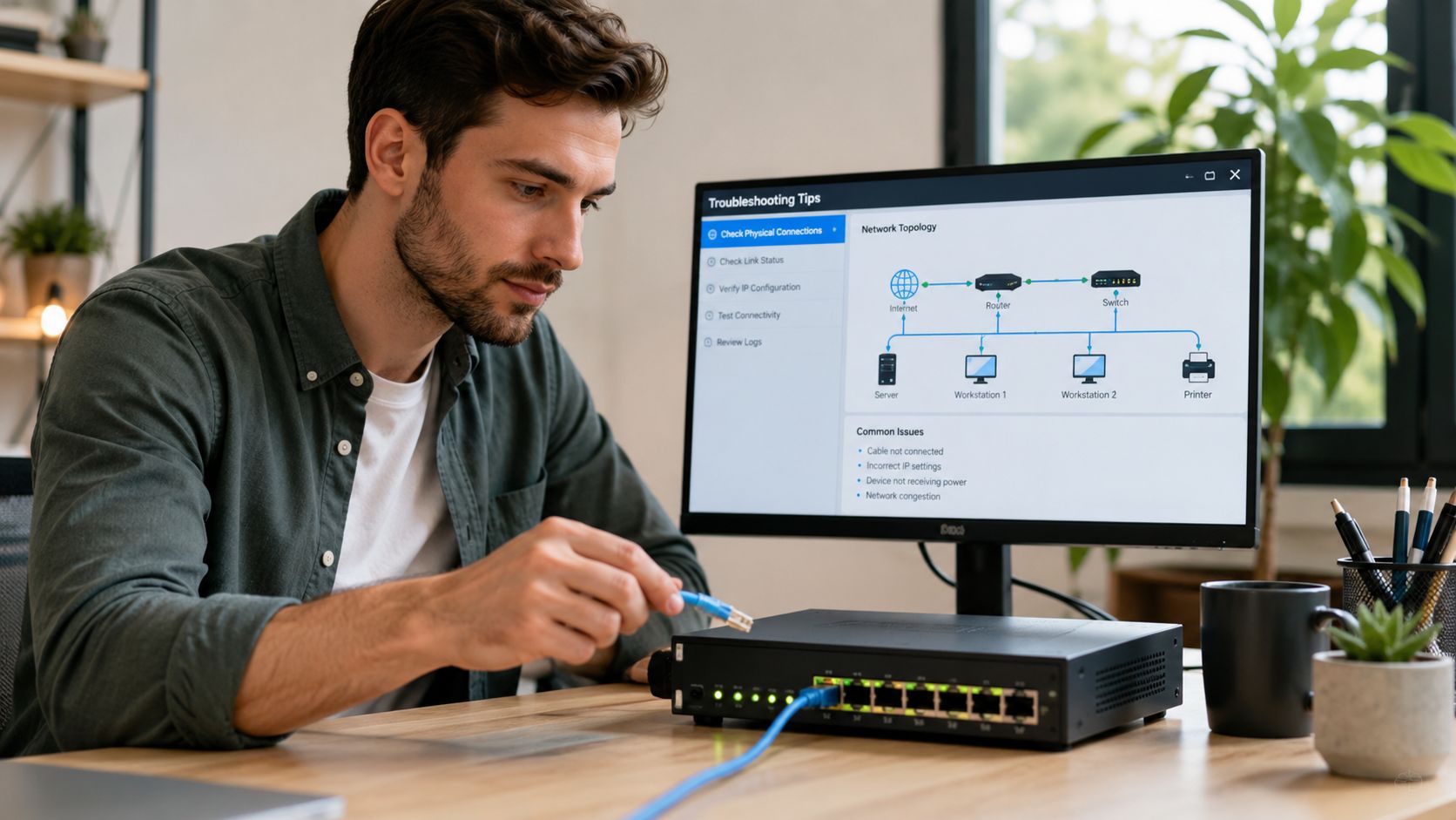 A technician troubleshooting a network switch connection while referencing a network topology diagram on his monitor.