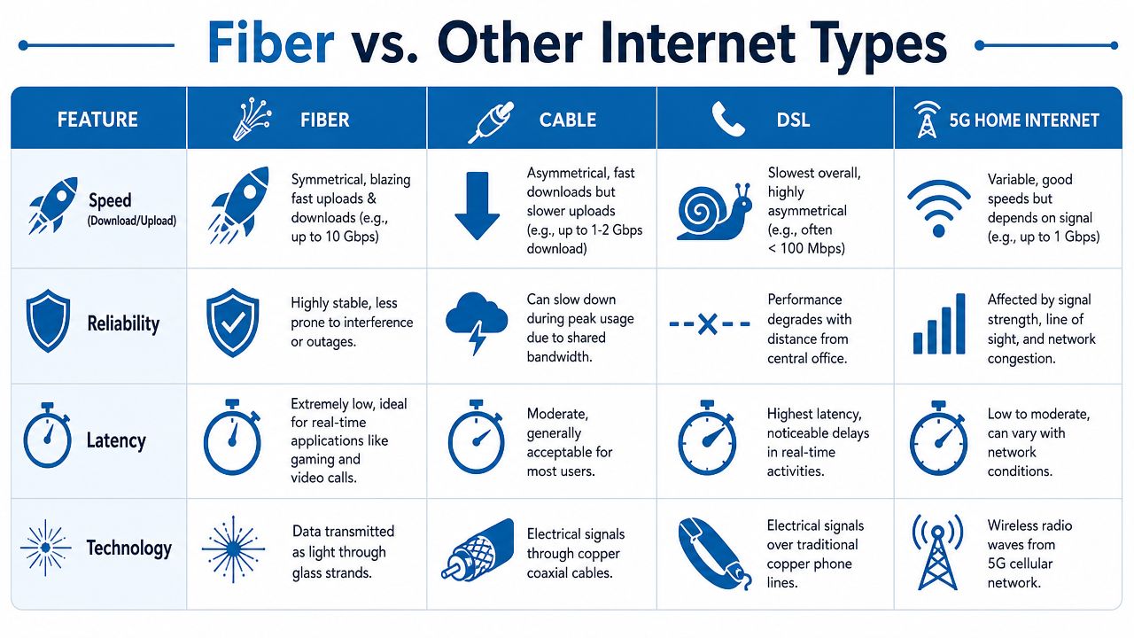 A comparison chart table detailing the differences between Fiber, Cable, DSL, and 5G Home Internet service types.
