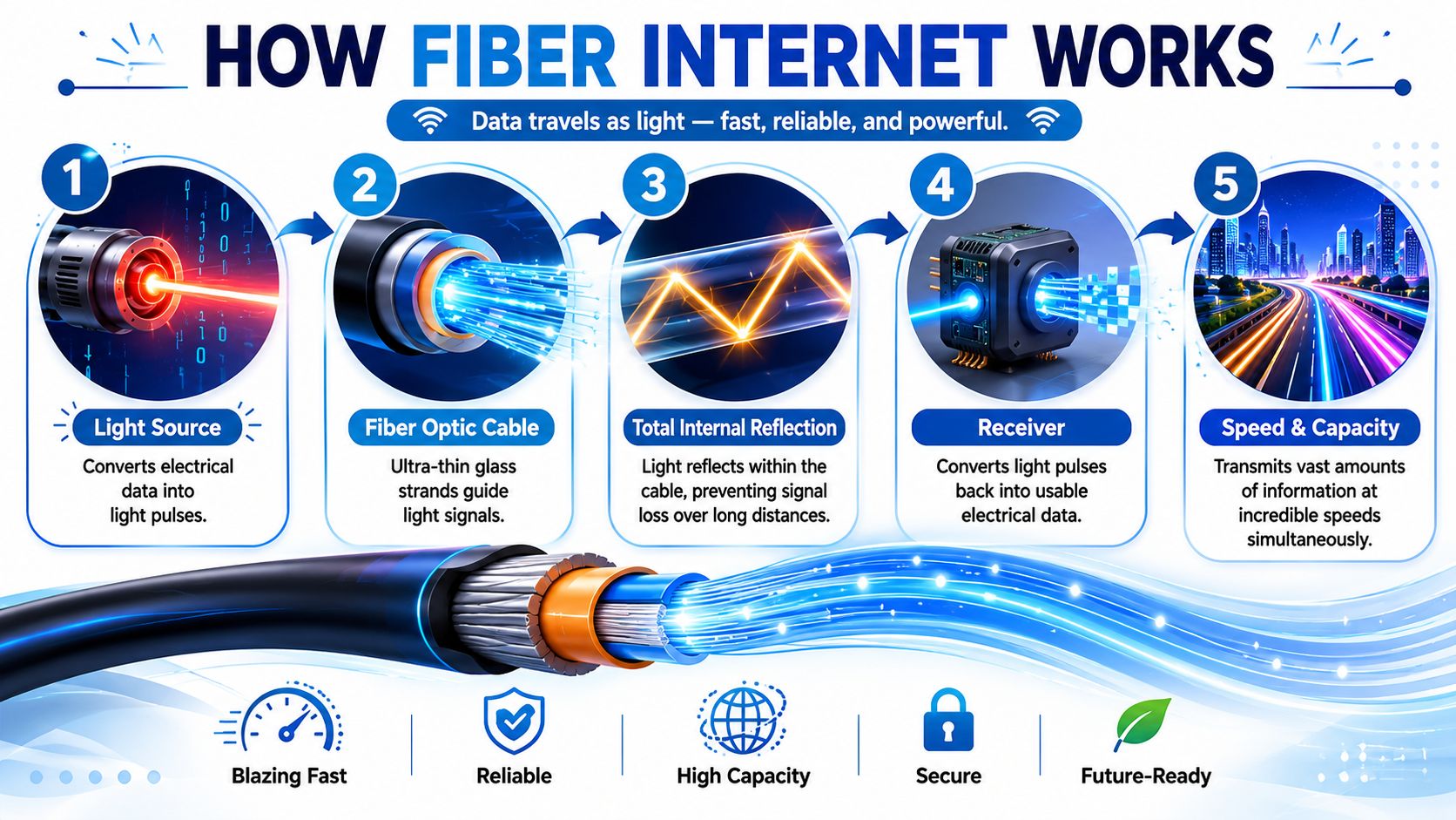 An infographic illustrating the five-step process of how fiber optic internet technology transmits data using light pulses.