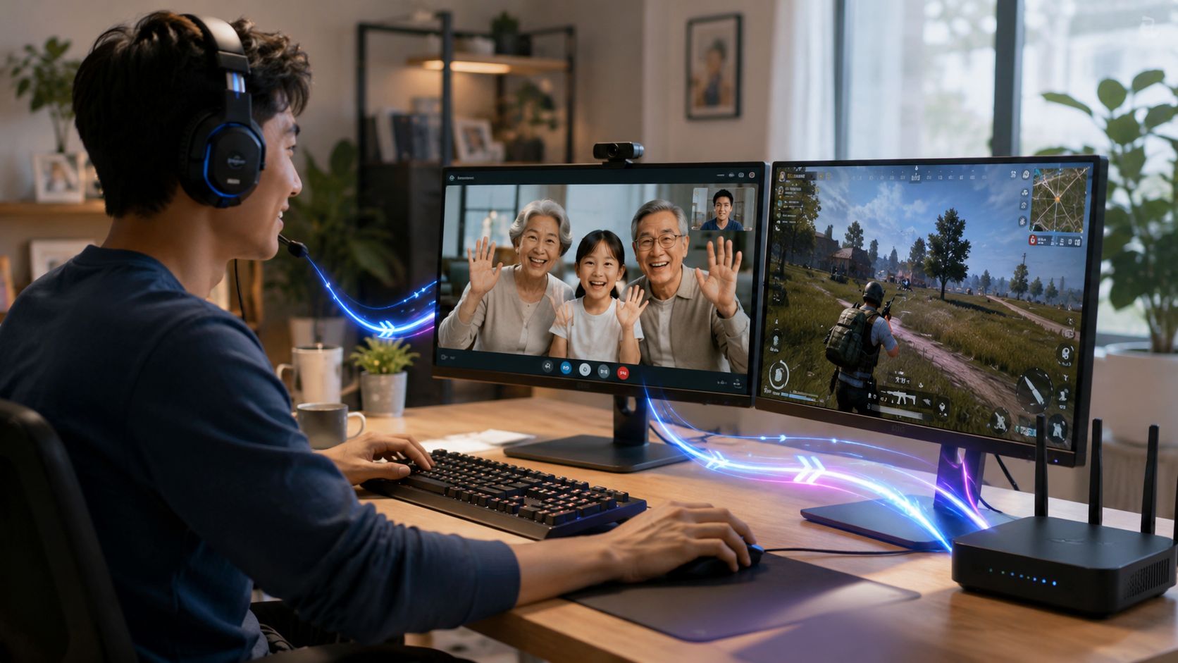 A gamer using high-speed fiber internet for both a video call with family and online gaming.