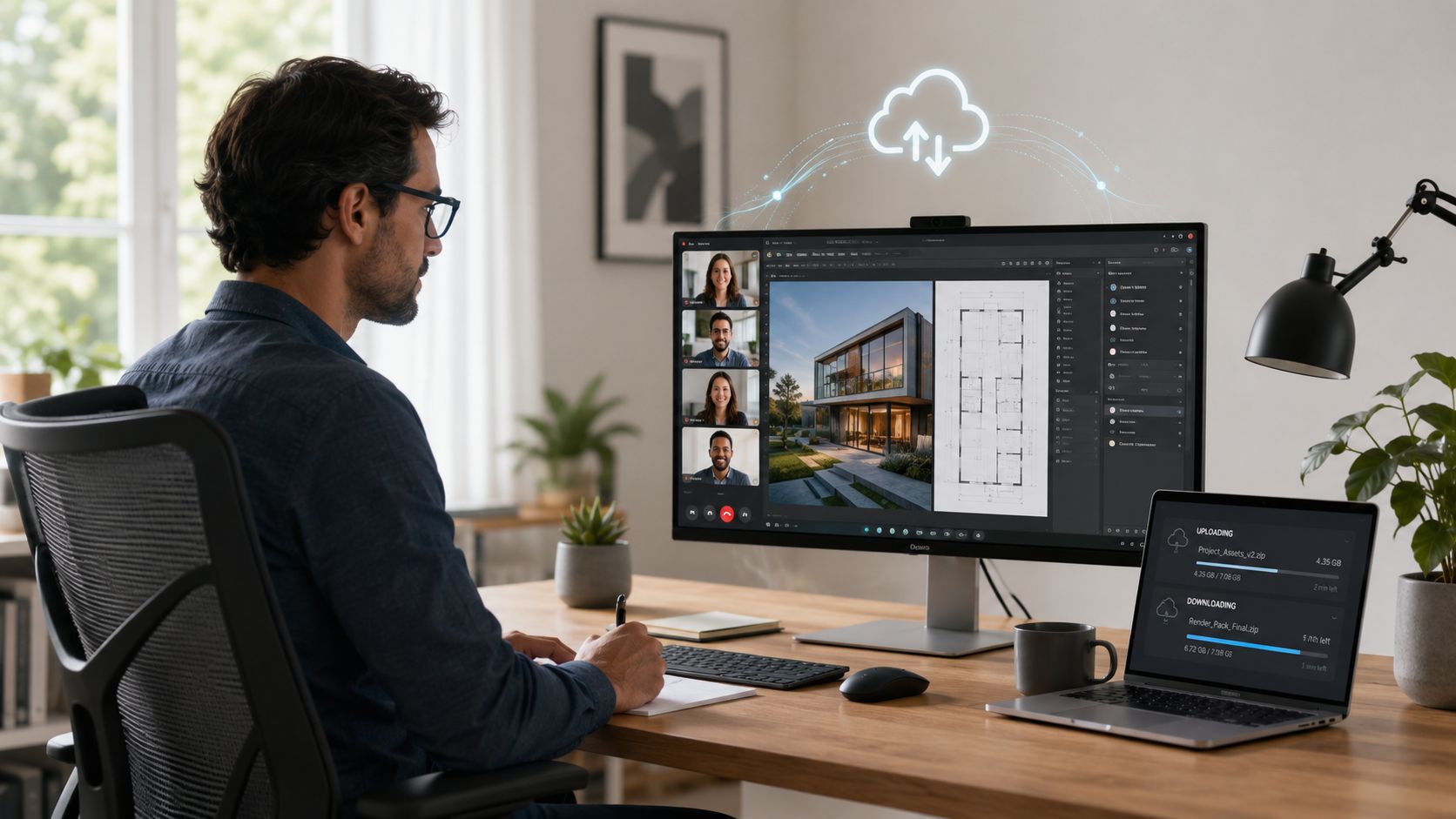 A professional working at a desk using a monitor and laptop to collaborate on architectural design projects.